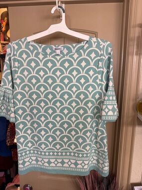 Charter Club Mint Green and White Patterned Blouse